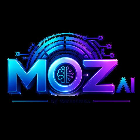 MOZ AI logo featuring neon glowing letters in cyan and purple with a brain icon in the center circle