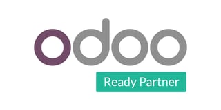 Odoo Ready Partner logo with purple and gray letters and a teal certification badge